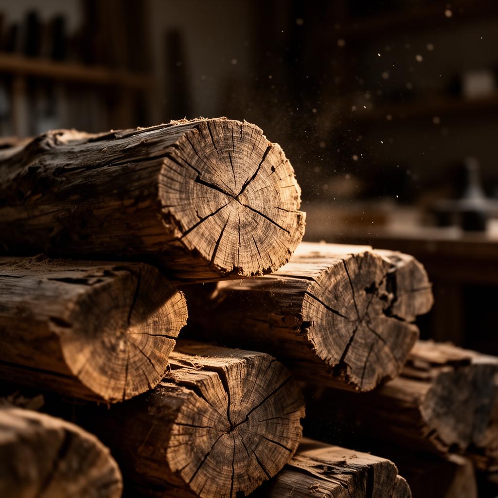 Wood billets stacked in the workshop