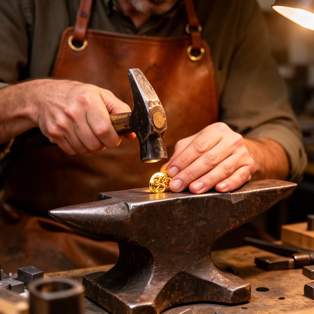Goldsmith hands hammering a gold piece on anvil